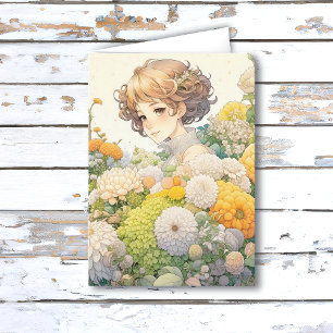 Anime Meisje in Gele Bloemen Persoonlijke Verjaard Kaart