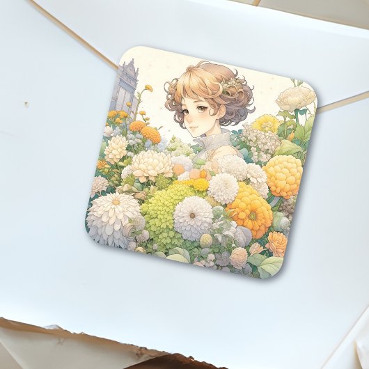 Anime meisje in gele bloemen vierkante sticker