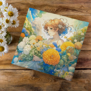 Anime Meisje in Gele en Blauwe Bloemen Kussen