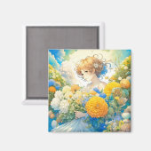 Anime Meisje in Gele en Blauwe Bloemen Magneet (Voorkant / Achterkant)