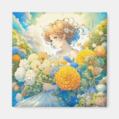 Anime Meisje in Gele en Blauwe Bloemen Magneet (Voorkant)