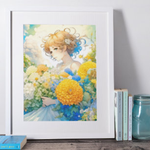 Anime Meisje in Gele en Blauwe Bloemen Poster