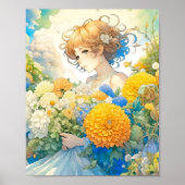 Anime Meisje in Gele en Blauwe Bloemen Poster (Voorkant)