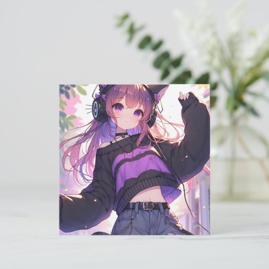  Anime Meisje in Hoofdtelefoon met Kattenoren (Staand voorkant)