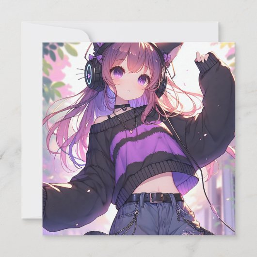  Anime Meisje in Hoofdtelefoon met Kattenoren (Voorkant)