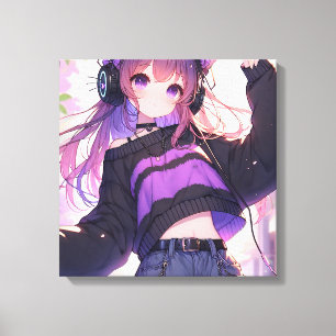  Anime Meisje in Hoofdtelefoon met Kattenoren Canvas Afdruk