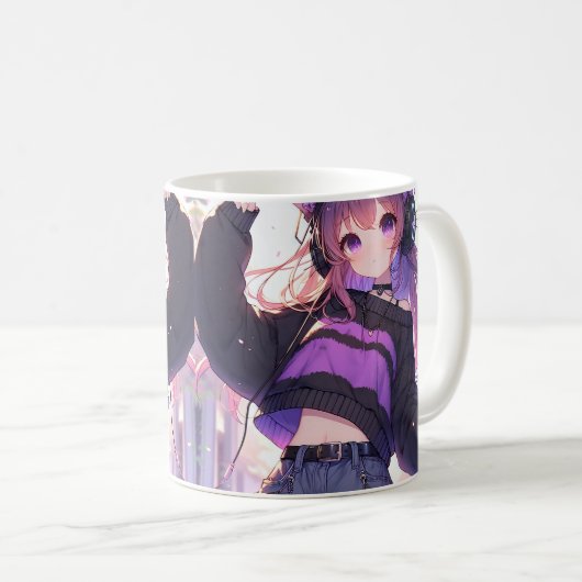  Anime Meisje in Hoofdtelefoon met Kattenoren Koffiemok (Voorkant rechts)