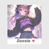  Anime Meisje in Hoofdtelefoon met Kattenoren Sticker (Vel)