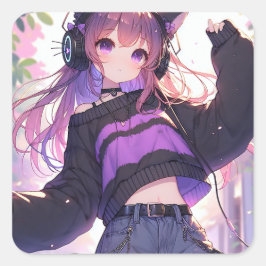  Anime Meisje in Hoofdtelefoon met Kattenoren Vierkante Sticker
