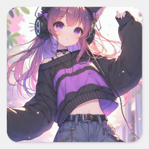  Anime Meisje in Hoofdtelefoon met Kattenoren Vierkante Sticker