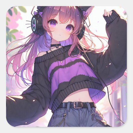  Anime Meisje in Hoofdtelefoon met Kattenoren Vierkante Sticker (Voorkant)