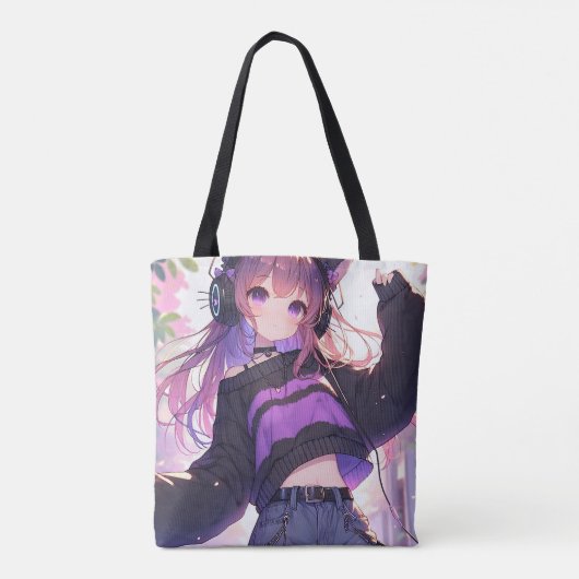  Anime Meisje in Hoofdtelefoon Verjaardag Tote Bag (Achterkant)