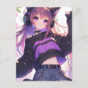 Anime Meisje in Hoofdtelefoon Verjaardagsfeestje Briefkaart