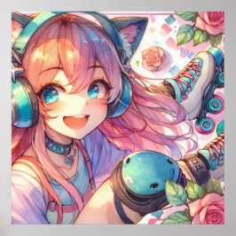  Anime Meisje in Roller schaatsen Poster