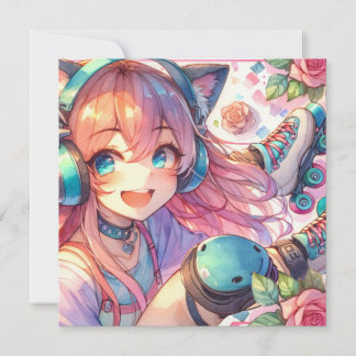  Anime Meisje in Roller schaatsen Verjaardagsfeest Kaart