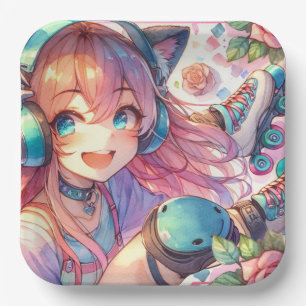 Anime Meisje in Roller schaatsen Verjaardagsfeest Papieren Bordje