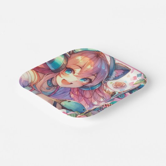 Anime Meisje in Roller schaatsen Verjaardagsfeest Papieren Bordje (Gebogen)