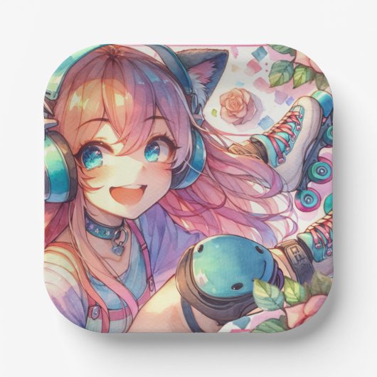 Anime Meisje in Roller schaatsen Verjaardagsfeest Papieren Bordje (Voorkant)