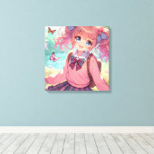  anime meisje in roze vlechten canvas afdruk (Insitu (Houten vloer))