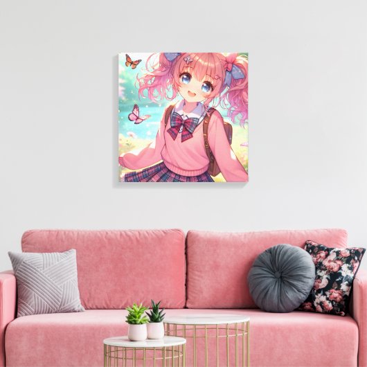  anime meisje in roze vlechten canvas afdruk (Insitu (Woonkamer))