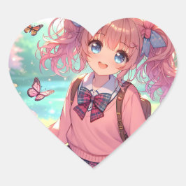  anime meisje in roze vlechten hart sticker