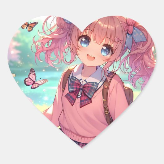 anime meisje in roze vlechten hart sticker (Voorkant)