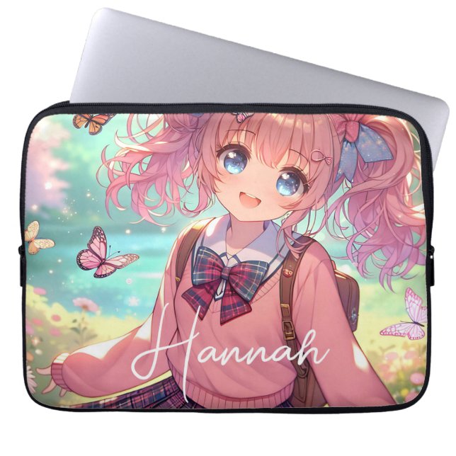  anime meisje in roze vlechten laptop sleeve (Voorkant)