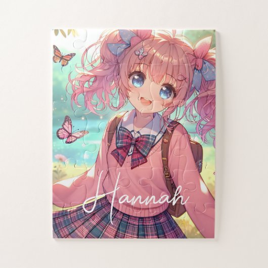 anime meisje in roze vlechten legpuzzel (Verticaal)