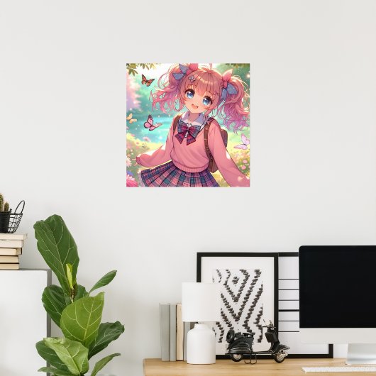  anime meisje in roze vlechten poster (Thuiskantoor)