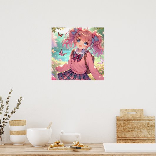  anime meisje in roze vlechten poster (Keuken)