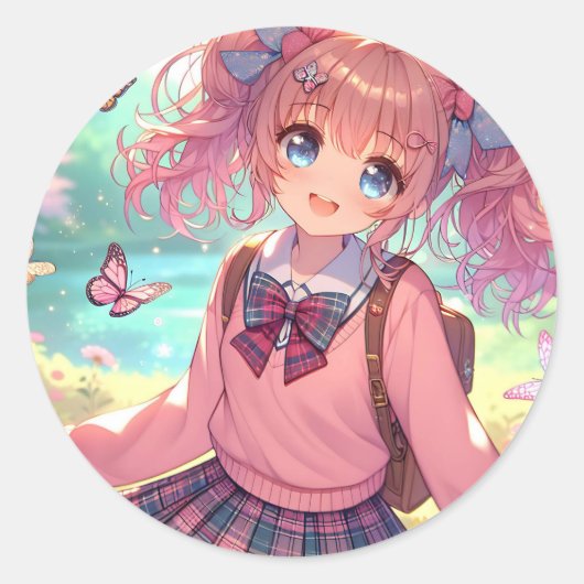  anime meisje in roze vlechten ronde sticker (Voorkant)