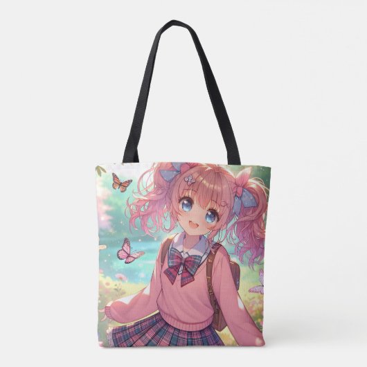 anime meisje in roze vlechten tote bag (Achterkant)