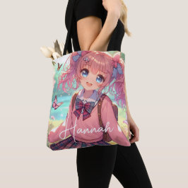 anime meisje in roze vlechten tote bag