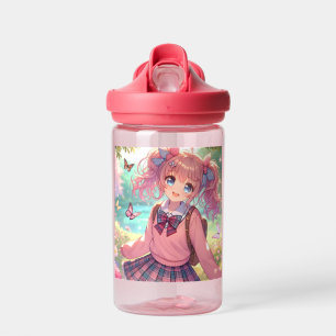  anime meisje in roze vlechten waterfles