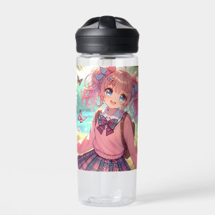 anime meisje in roze vlechten waterfles