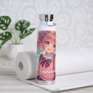  anime meisje in roze vlechten waterfles