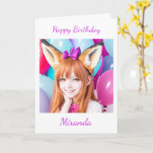Anime Meisje in vossenoren Ballonnen Verjaardag Kaart (Gele Bloem)