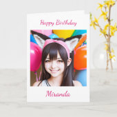  Anime Meisje in vossenoren Ballonnen Verjaardag Kaart (Gele Bloem)