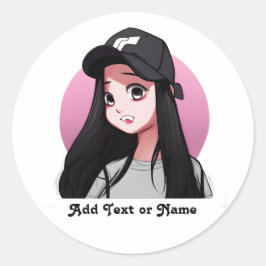 Anime Meisje in Zwart Pet Gepersonaliseerd Ronde Sticker