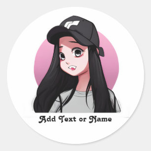 Anime Meisje in Zwart Pet Gepersonaliseerd Ronde Sticker