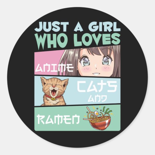 Anime Meisje Kat en Ramen verslaafde Japanse Noede Ronde Sticker (Voorkant)