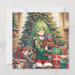 Anime meisje kerst platte kaart