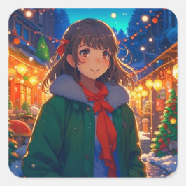 Anime Meisje Kerstverlichting Vierkante Sticker
