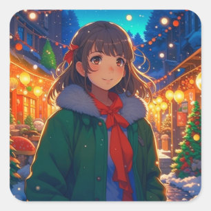 Anime Meisje Kerstverlichting Vierkante Sticker