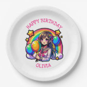 Anime Meisje Kleurrijke Pop Kunst Verjaardag Geper Papieren Bordje (Voorkant)