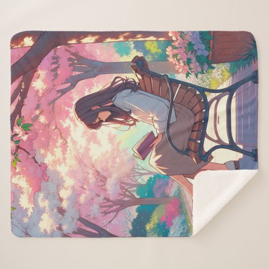Anime Meisje Lezen in het Park Sherpa Deken (Voorkant (horizontaal))