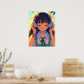 Anime Meisje Luisteren naar Muziek Poster (Keuken)