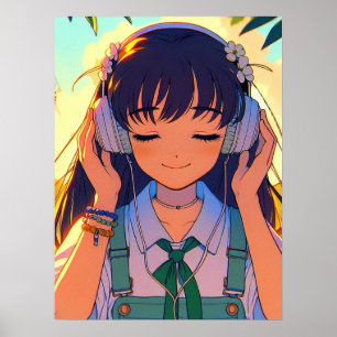 Anime Meisje Luisteren naar Muziek Poster