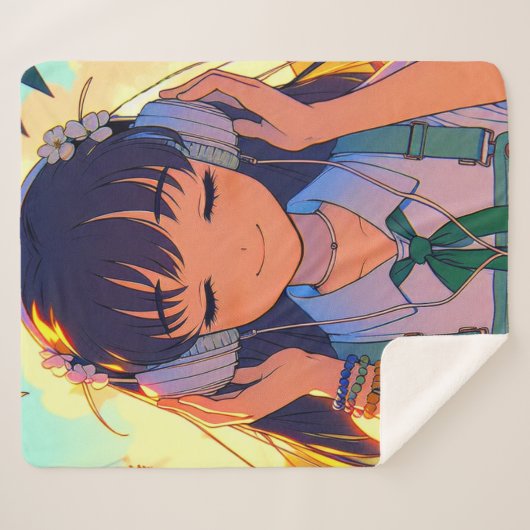 Anime Meisje Luisteren naar Muziek Sherpa Deken (Voorkant (horizontaal))