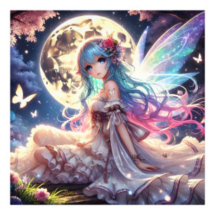 Anime meisje maan fee prinses in tuin foto afdruk